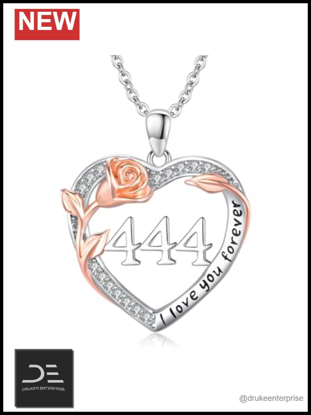 14K White Gold Plated Angel Number 444 Pendant Necklace with Cubic Zirconia
